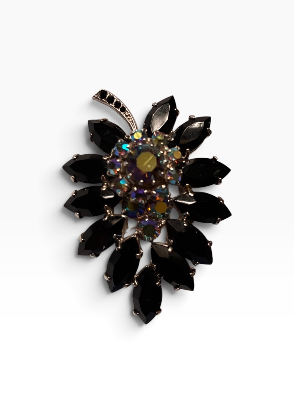 Black Crystal Flower Brooch with Aurora Borealis Center